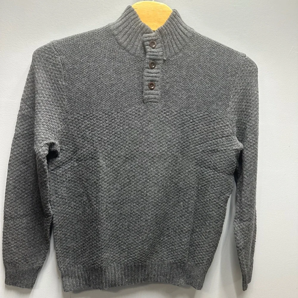 Lands End Mens Meridian Button Mock Neck Sweater Gray Wool Blend Large 424163